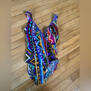 Deeweese bright busy print vintage 70s one piece swimsuit